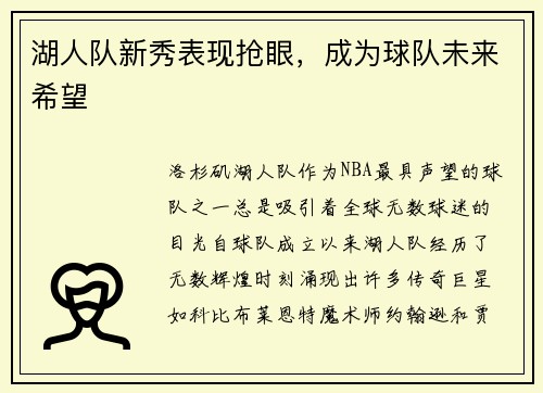 湖人队新秀表现抢眼，成为球队未来希望