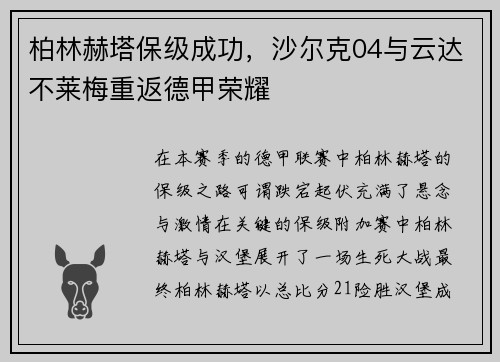 柏林赫塔保级成功，沙尔克04与云达不莱梅重返德甲荣耀