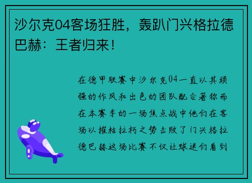 沙尔克04客场狂胜，轰趴门兴格拉德巴赫：王者归来！
