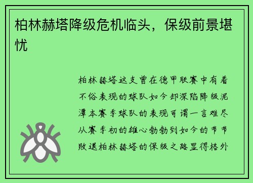 柏林赫塔降级危机临头，保级前景堪忧