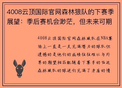 4008云顶国际官网森林狼队的下赛季展望：季后赛机会渺茫，但未来可期